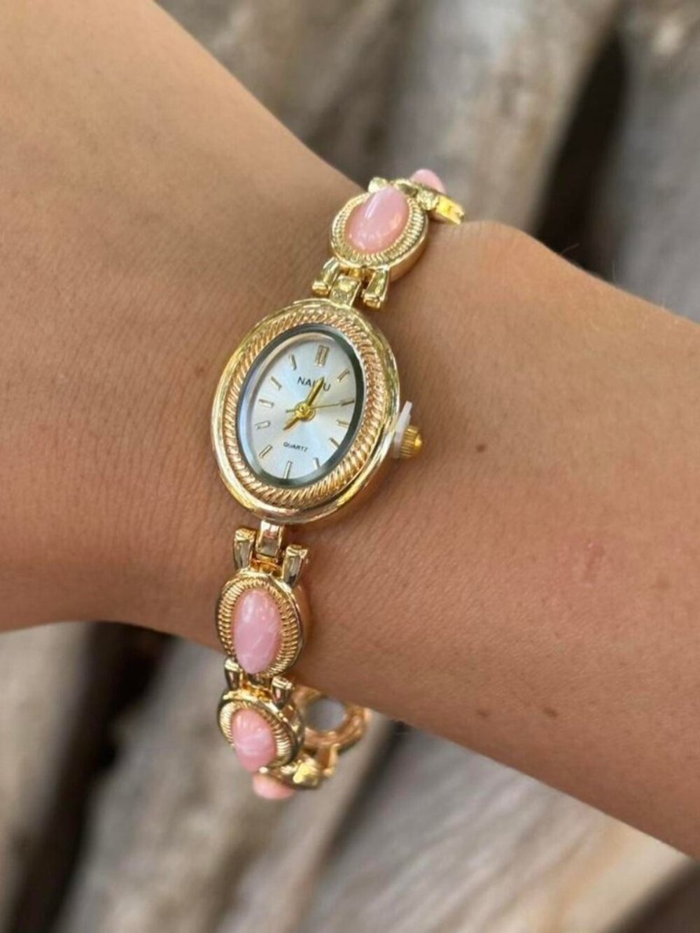 Y2K Gold Pink Stone Bracelet Watch Coquette Dainty Quartz OS